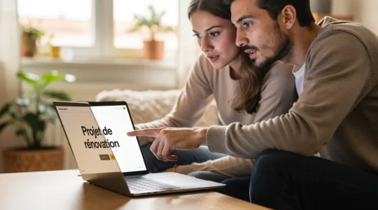 Couple primo-accédant consultant une simulation de crédit immobilier sur ordinateur portable