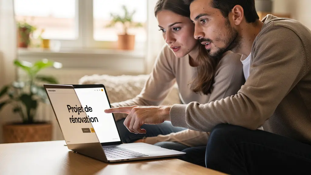 Couple primo-accédant consultant une simulation de crédit immobilier sur ordinateur portable