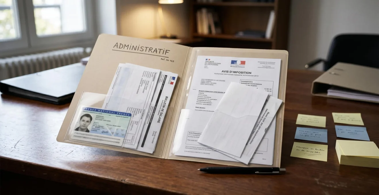 Dossier administratif ouvert avec documents organisés pour une demande de rachat de crédit : pièce d'identité, bulletins de salaire et post-it
