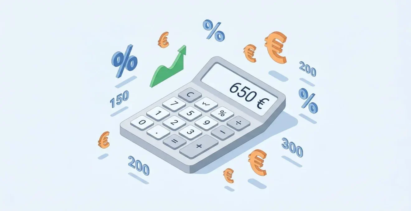 Illustration 3D isométrique d'une calculatrice avec symboles euro et graphiques, représentant un simulateur de rachat de crédit